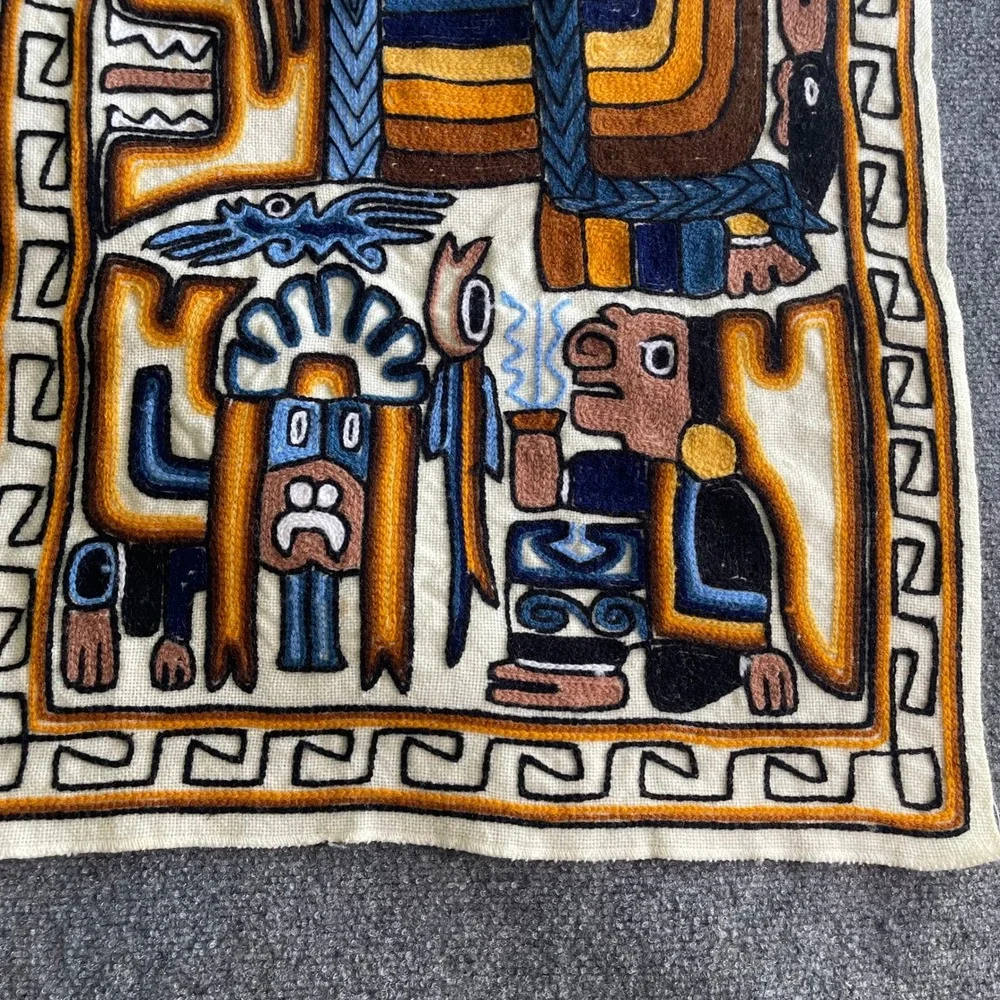 Vintage Peruvian Hand Embroidered Tapestry Incan Pre-Columbian‎ Folk Wall Art